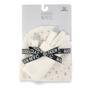 Madden NYC Silver Grommet And Rhinestone Ivory Hat And Touch Glove Set